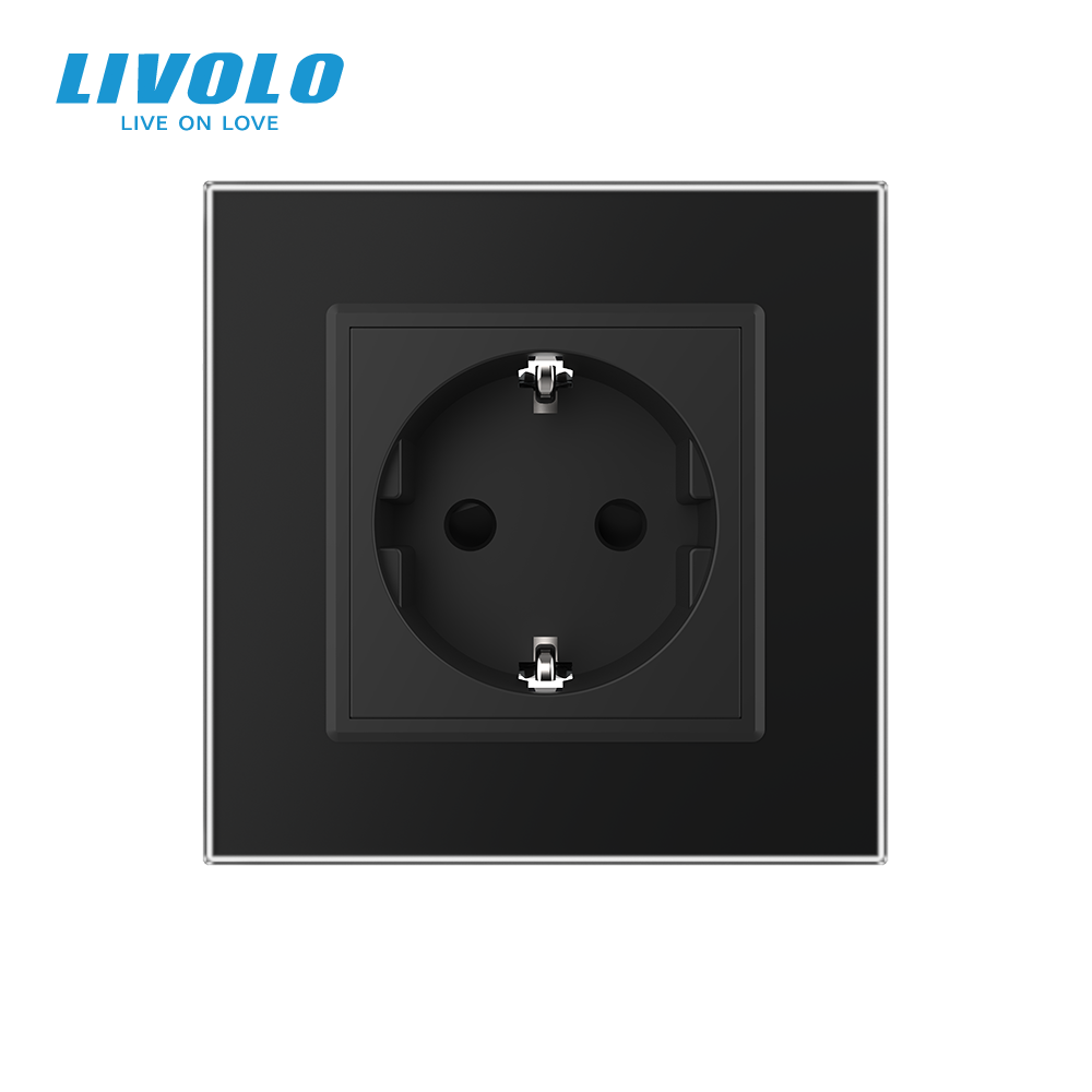 Електрична розетка з заземленням LIVOLO, чорна, скляна матова рамка, шторки, 250В 16А Коломия - фото 6
