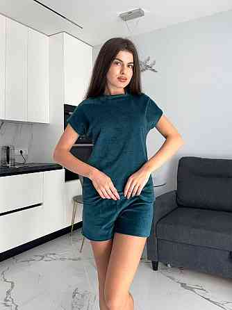 Жіночий домашній костюм-трійка: футболка штани + шорти плюш-велюр Зелений, 46/48 Одеса