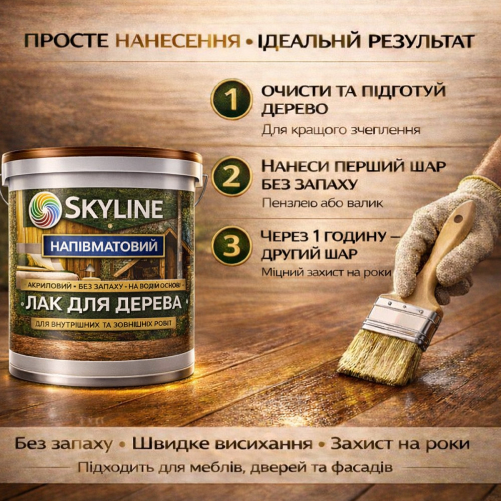Лак для дерева Skyline напівматовий акриловий прозорий без запаху для внутрішніх та зовнішніх робіт 3 л Харків - фото 7