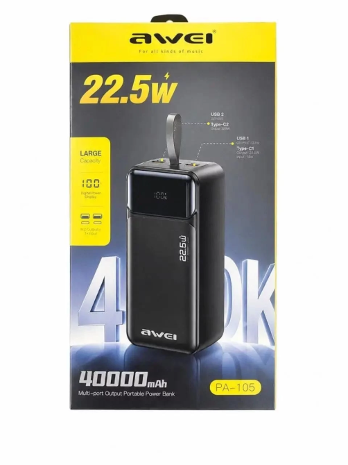 Універсальна мобільна батарея Power Bank Awei PA-105 400000mAh 22.5W Чорний Київ - фото 2