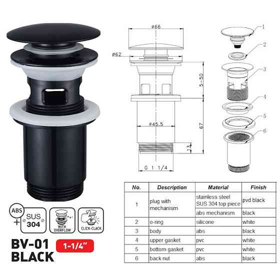 Донный клапан для раковины Zerix BV-01 BLACK 1 1/4'' с переливом автоматический СLICK-СLACK (Цвет черный) (ZX6016) Киев