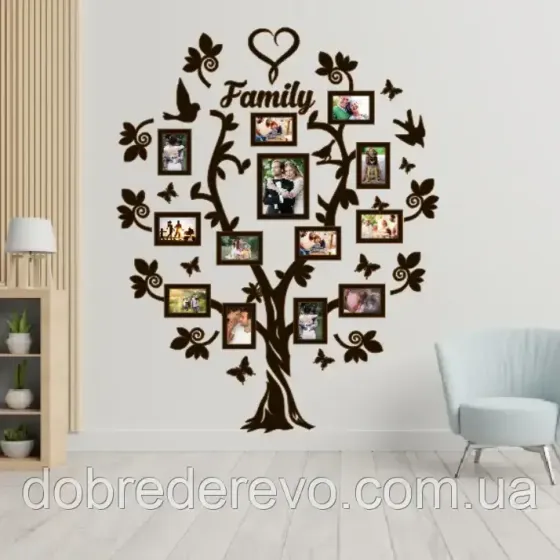 Семейное дерево сердце на 13 фото рамок, Родовое дерево wooden heart Вижница