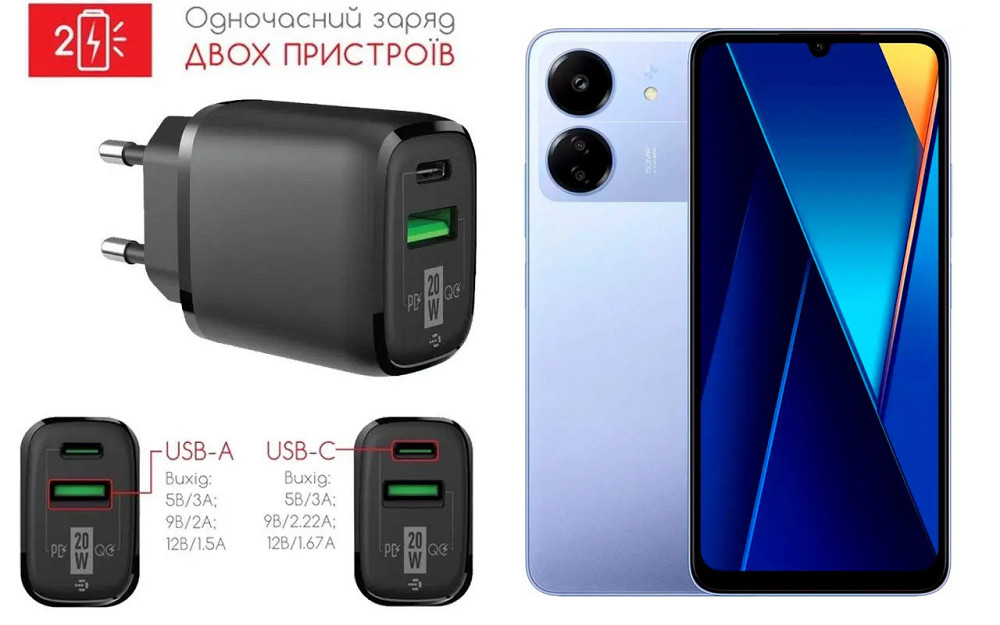 Сетевое зарядное устройство для Poco C65, 20W 3A, Quick Charge 3.0 Киев - изображение 1