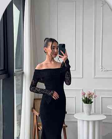 Женское романтическое кружевное платье со спущенными плечами гипюр + подкладка Черный, 46/48 Одесса