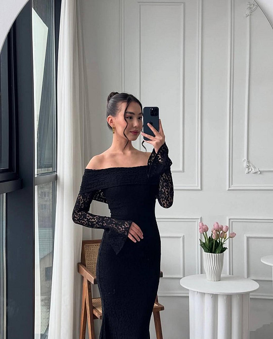 Жіноче романтичне мереживне плаття зі спущеними плечима гіпюр + підкладка Чорний, 46/48 Одеса - фото 2