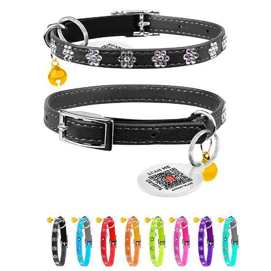 Нашийник WAUCAT Glamour з резинкою, клейовими стразами "Квітка" для котів (ширина 9мм, довжина Коломия