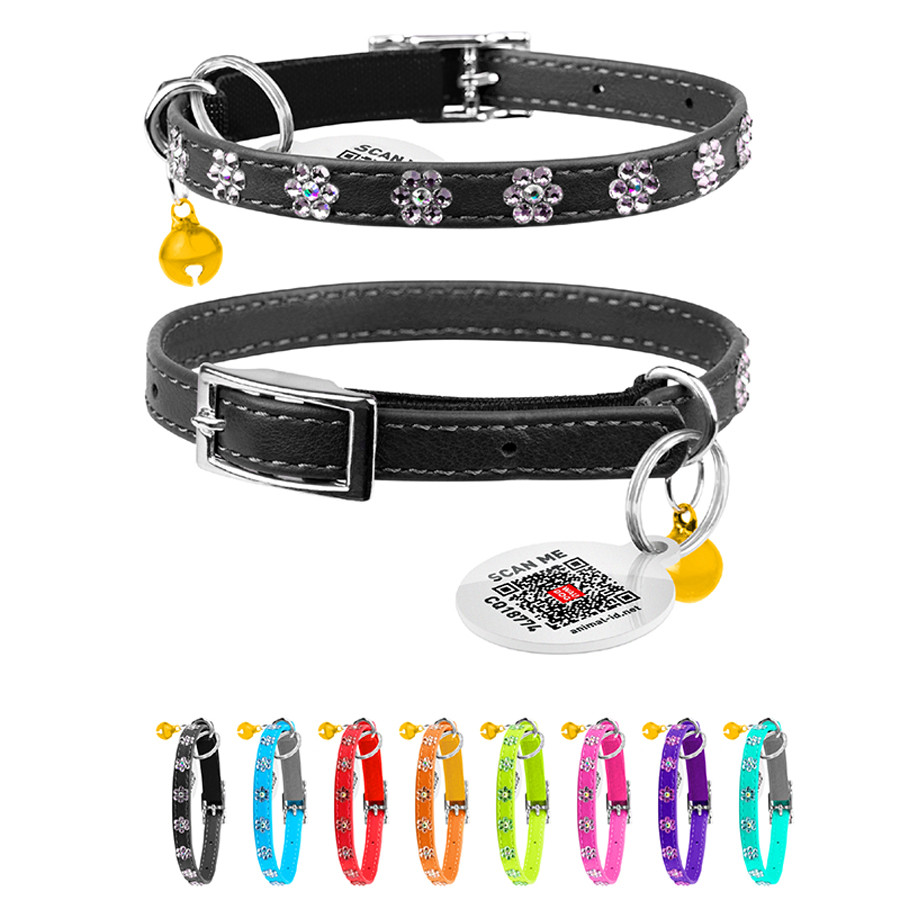 Нашийник WAUCAT Glamour з резинкою, клейовими стразами "Квітка" для котів (ширина 9мм, довжина Коломыя - изображение 1