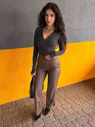 Женские стильные повседневные брюки с эко кожи на флисе. Шоколад, 40/42 Одесса