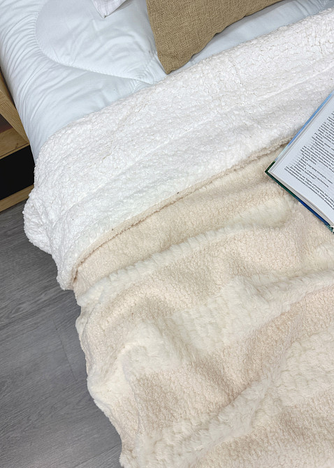 Плед 200х230 см (+-10см) Рогожка на овчині "Тедді" колір молочний (87-296) Київ - фото 2