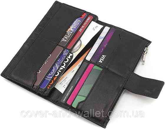 Чорний шкіряний гаманець купюрник з хлястиком на магніті на багато карток Marco Coverna Київ
