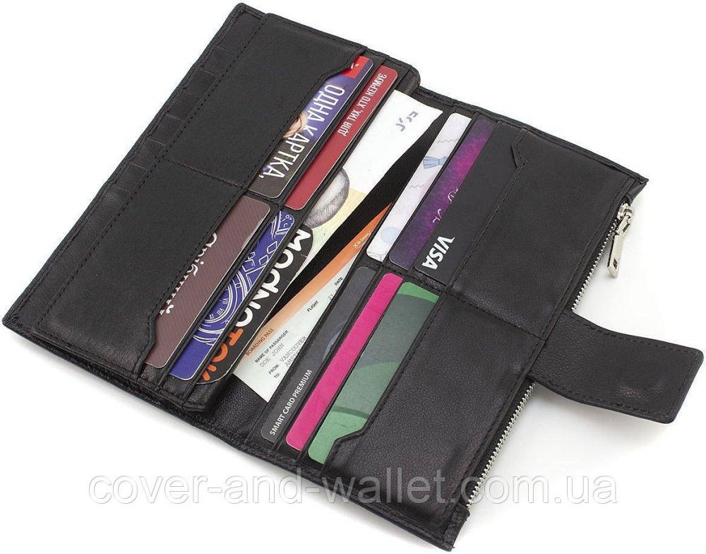Чорний шкіряний гаманець купюрник з хлястиком на магніті на багато карток Marco Coverna Київ - фото 6