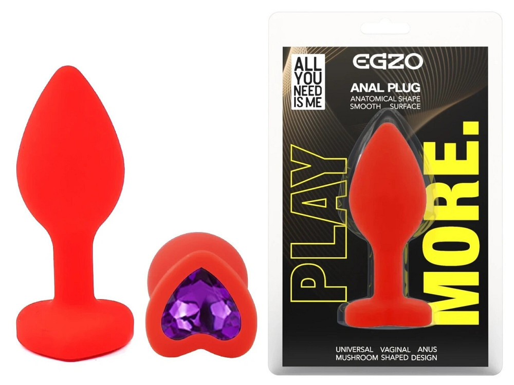 Анальная пробка EGZO Silicone Red Heart Plug S с фиолетовым кристаллом, красная Sex Aura Киев - изображение 1