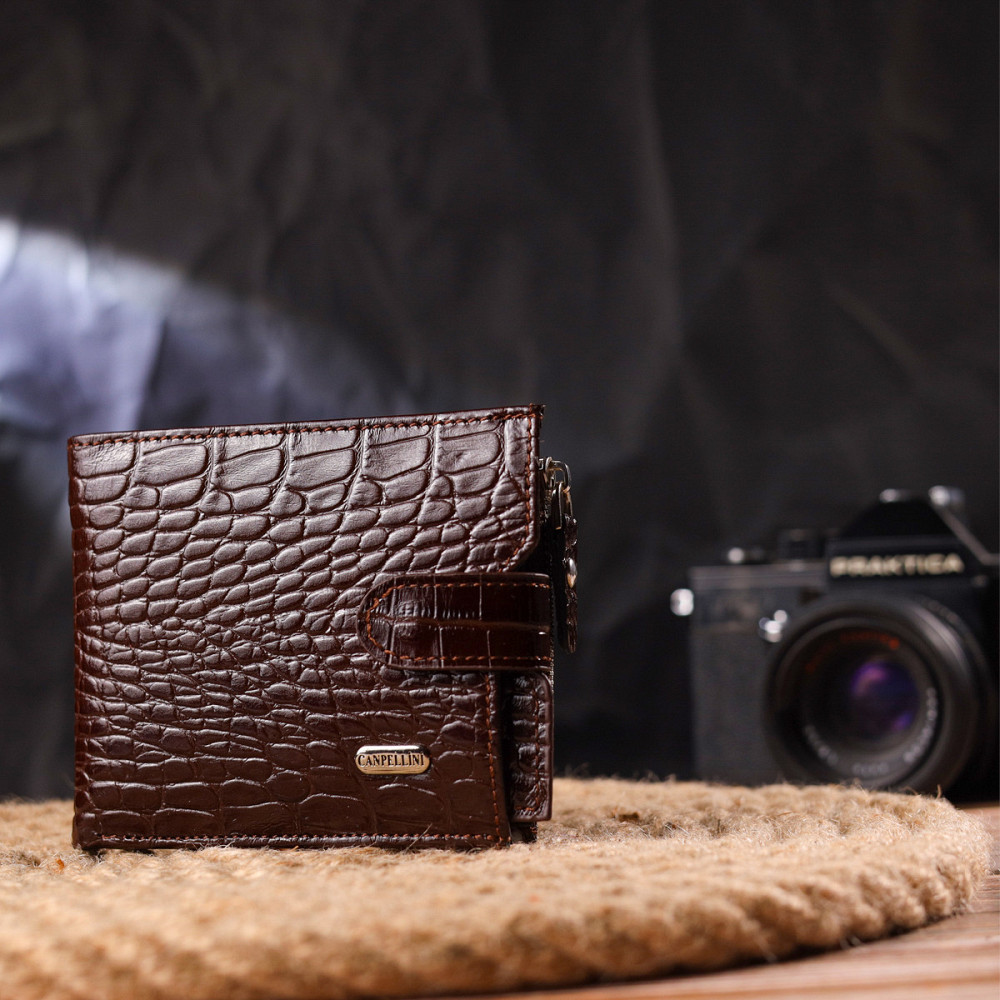 Горизонтальный мужской кошелек из натуральной фактурной кожи CANPELLINI 21503 Коричневый Киев - изображение 6