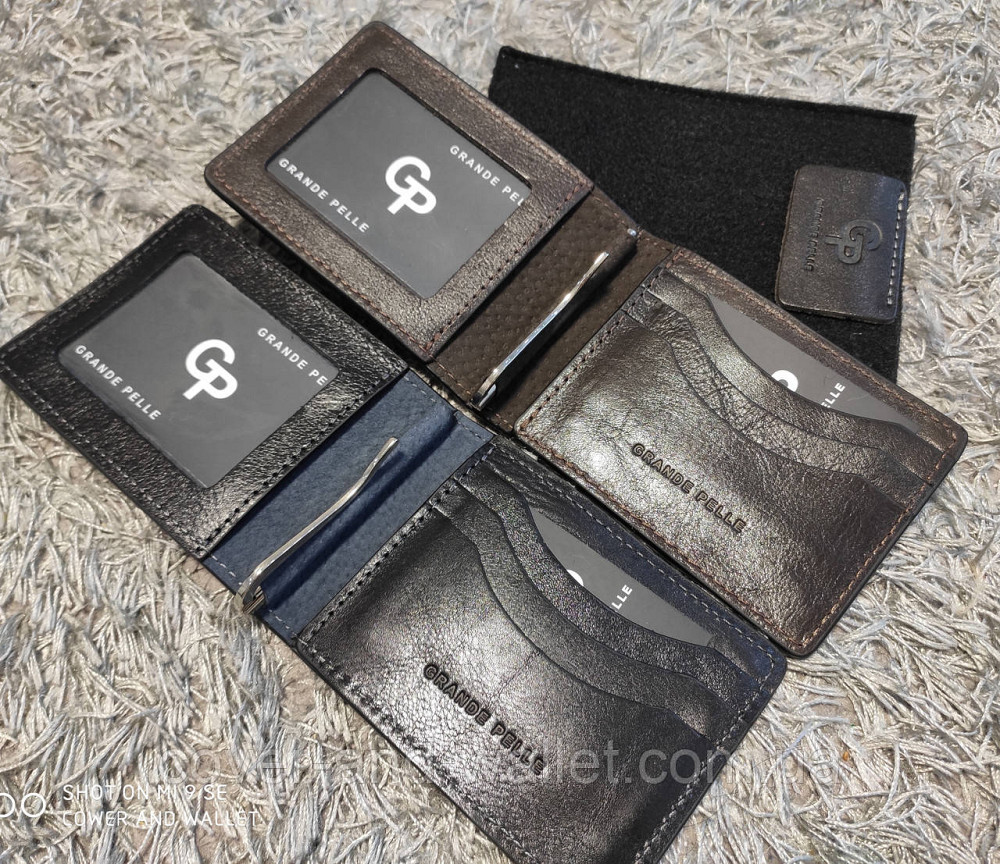 Зажим для денег и карточек из гладкой кожи ручной роботы Grande Pelle Черный Киев - изображение 10