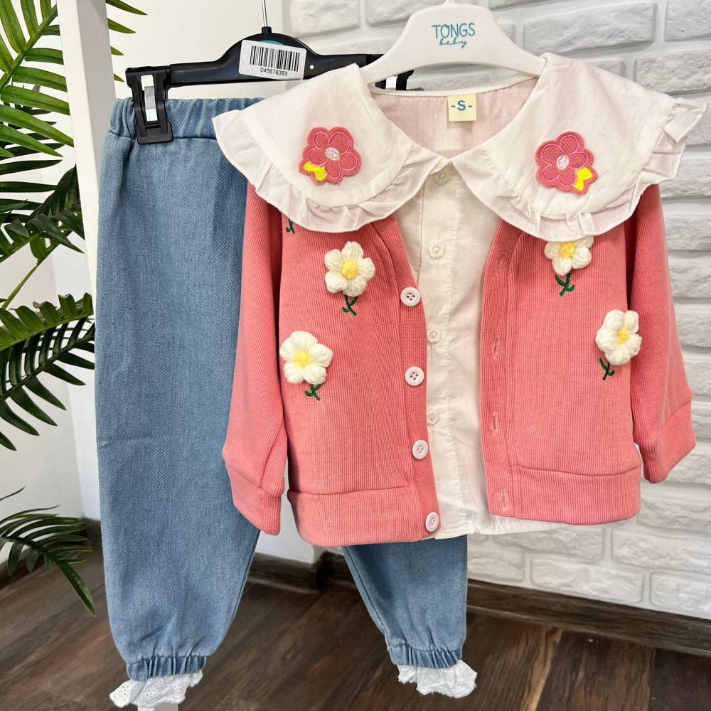 Ошатний Костюм (Кардиган, Блузка з комірцем і Джинси) Рожевий 12-18 міс (80-86 см) Київ - фото 1