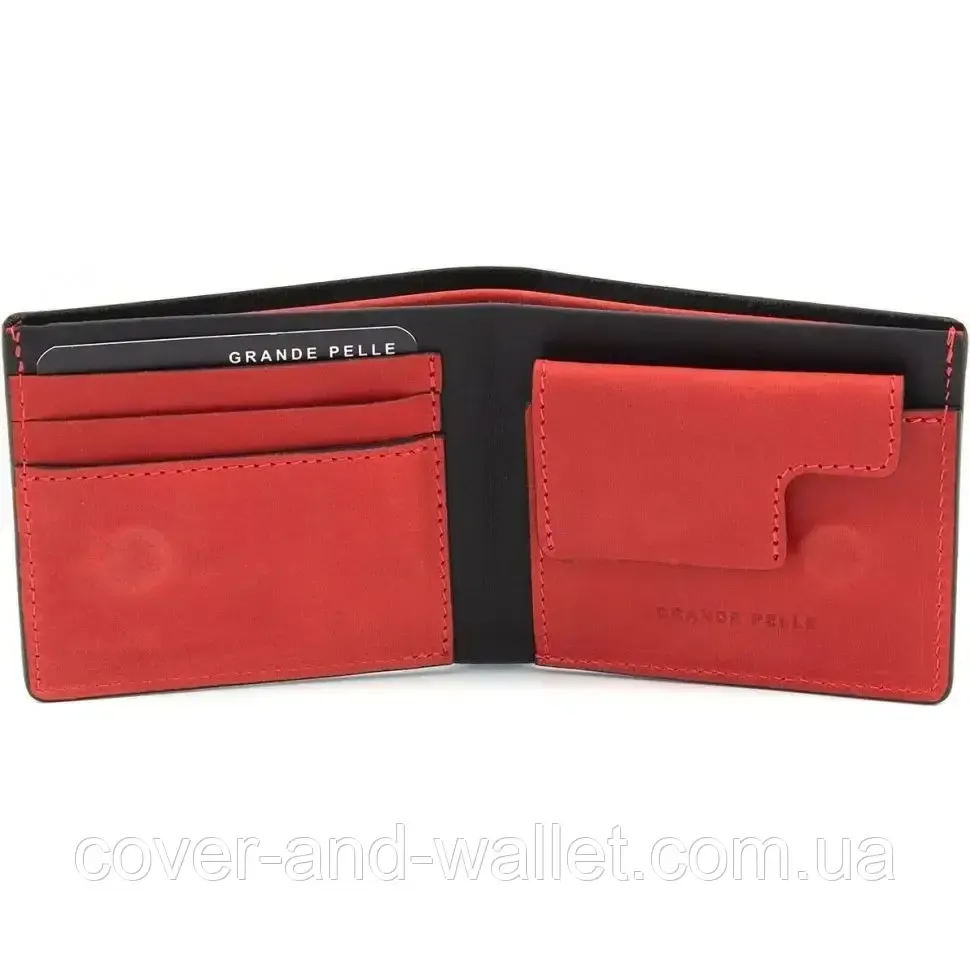 Стильный мужской кошелек из винтажной кожи на магнитной застежке Grande Pelle 50511060 чёрный с красным Киев - изображение 5