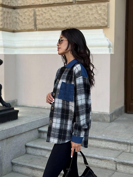 Жіноча стильна сорочка  в клітинку с джинсовими вставками турецька байка Одеса - фото 2