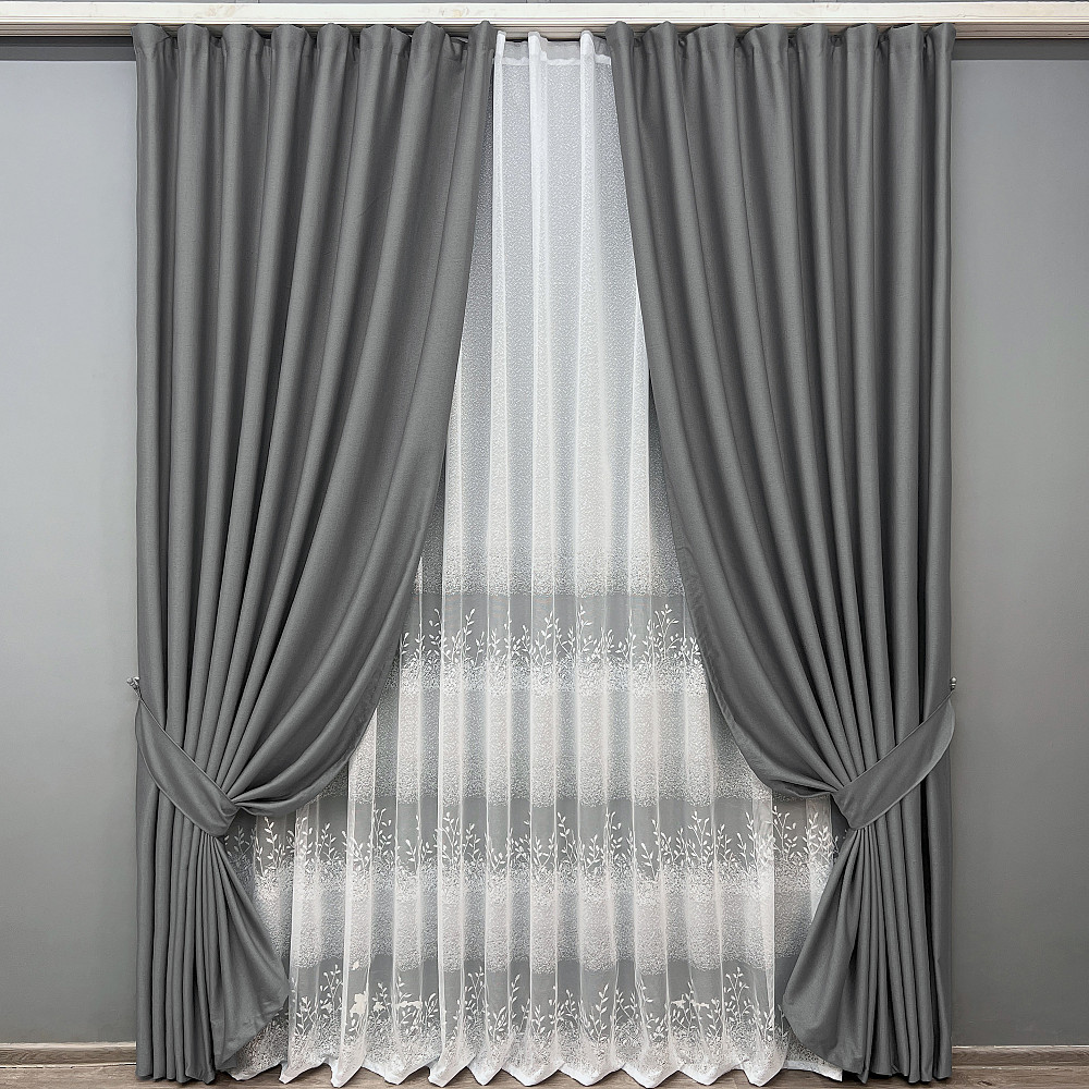 Комплект штор VR-Textil Шеніл 150х270 2шт і Тюль 500х270 1592ш-1680т Сірий з білим 71-195/4 Київ - фото 9