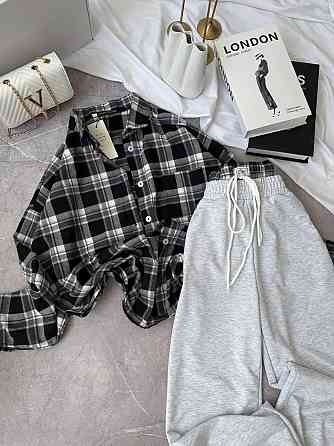 Женский повседневный костюм двойка: рубашка в клетку и штаны фланель + двунитка Черный, 42/46 Одесса