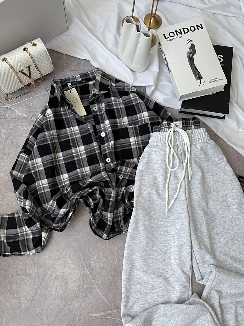 Женский повседневный костюм двойка: рубашка в клетку и штаны фланель + двунитка Черный, 42/46 Одесса - изображение 5