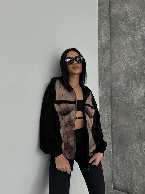 Женская стильная оверсайз худи с капюшоном на молнии петля пенье + турецкая рибана Черный, 48/50 Одесса - изображение 2