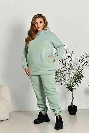 Женский прогулочный костюм: худи и штаны батал в спортивном стиле трехнитка на флисе Фисташковый, 60/62 Одесса