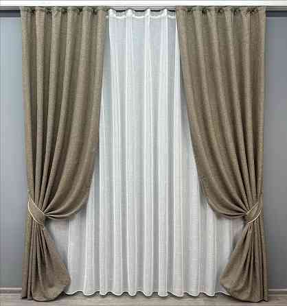 Комплект штор VR-Textil Лен Мешковина 200х270 2шт и Тюль 600х270 1770ш-115т Какао с белым 71-023/7 Киев