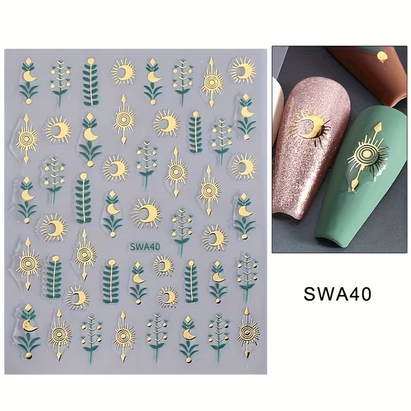 Набор наклеек для ногтей 2 листа — золотые элементы, солнце, луна, растения Киев - изображение 6