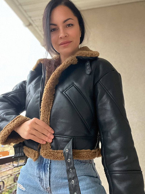 Дублянка жіноча Aftf Basic 2437 коротка авіатор на блискавці з коричневим хутром екошкіра чорна, чорний, L Київ - фото 3