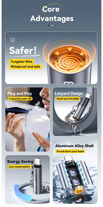 Адаптер-запальничка Essager Type-C з вольфрамовим дротом, без полум’я, безпека для авіаперельотів, авто-вимкнення, OTG-сумісна з телефонами Миколаїв - фото 3