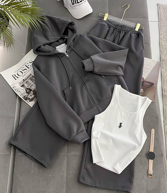 Женская стильная повседневная тройка из лого качественная дорогая двунитка. Графит, XS Одесса - изображение 1