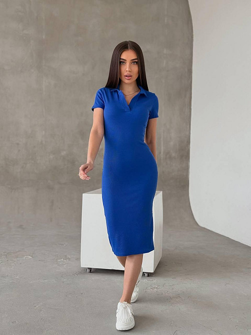 Жіноче базове плаття-поло з коротким рукавом турецький рубчик Електрик, 46/48 Одеса - фото 5