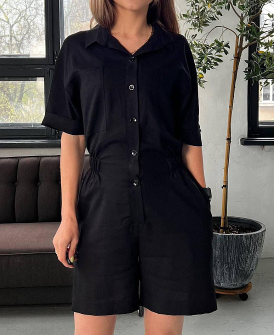 Легкий женский базовый комбинезон лен. Черный, 46 Одесса - изображение 1