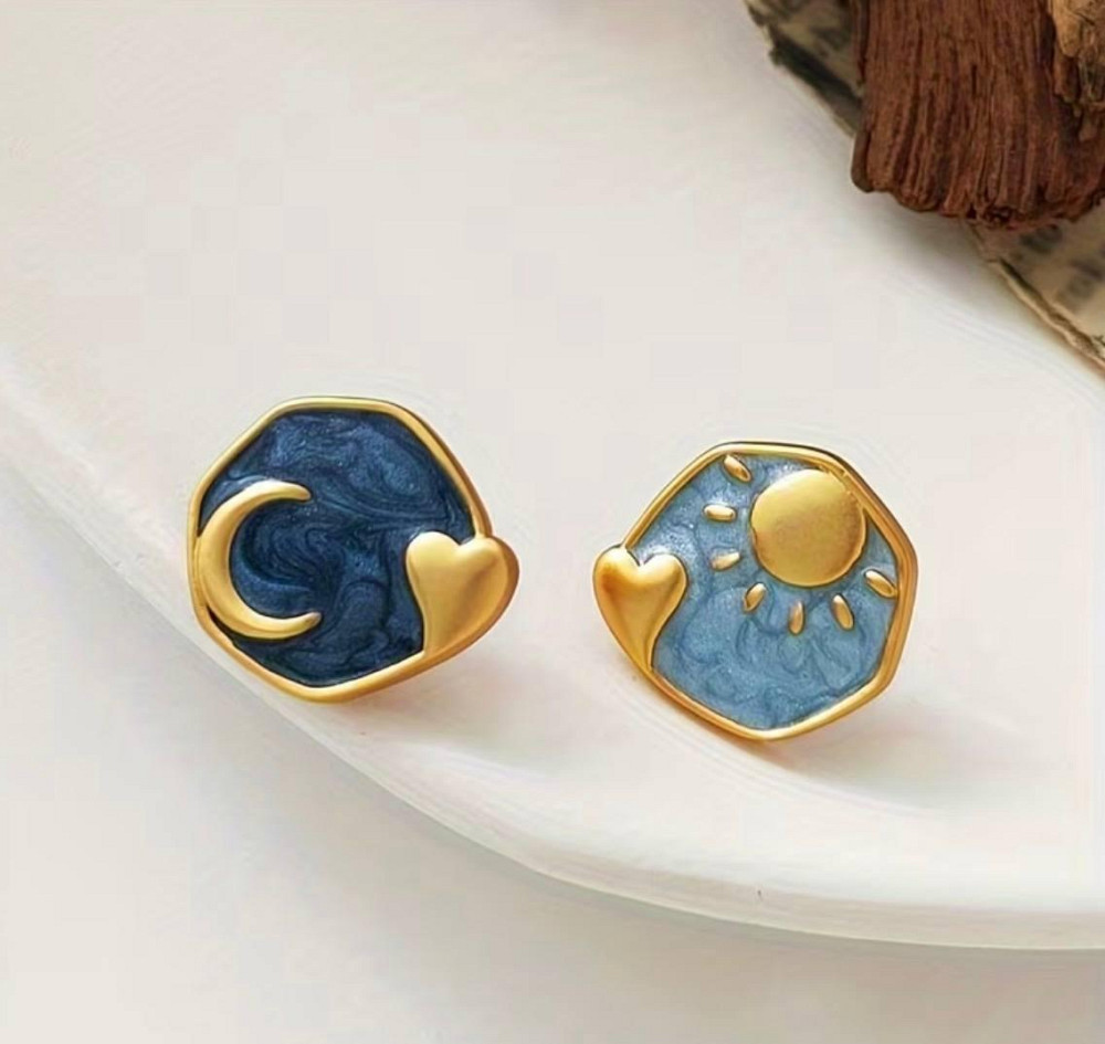 Серьги пусеты солнце и луна эмаль синие золотистые серьги гвоздики Киев - изображение 2