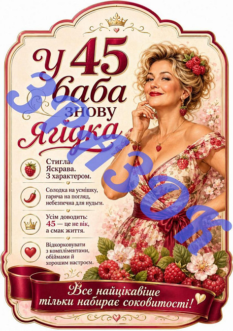 Этикетка на бутылку “В 45 баба снова ягодка” | комплект этикетка и контрэтикетка на вино или игристое | подарок женщине на 45 лет Одесса - изображение 1