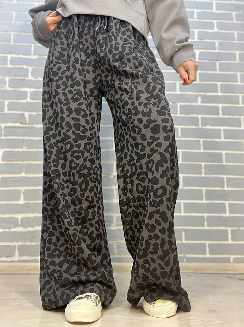 Брюки жіночі A-N 2630 палаццо леопардовий принт резинка на талії шнурок широкі сірі, сірий, L Київ - фото 5