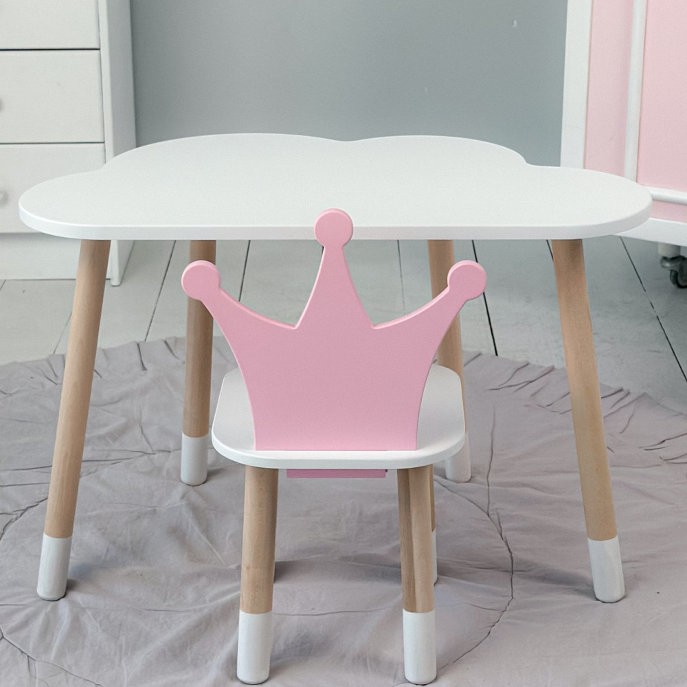 Деревянный столик и стульчик для ребенка уютный набор для дома и детсада Стол белый тучка и стул корона розовы Киев - изображение 4