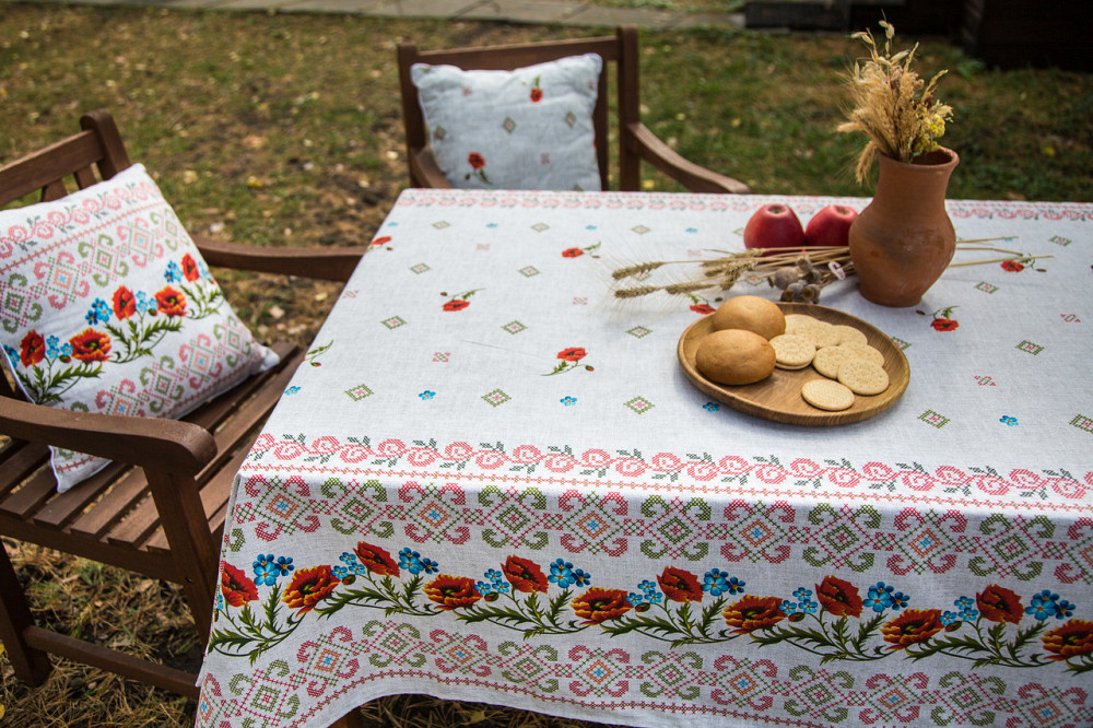 Скатертина Ecotton 150х200 см натуральна бавовняна Маки Український етно-стиль сірий Коломия - фото 1