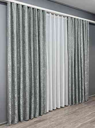 Комплект штор VR-Textil Льон Мармур 150х270 2шт і Тюль 400х270 1264ш-115т Сірий з білим 71-126/3 Київ