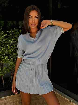 Женский стильный прогулочный костюм двойка: футболка поло + юбка вязка Голубой Одесса