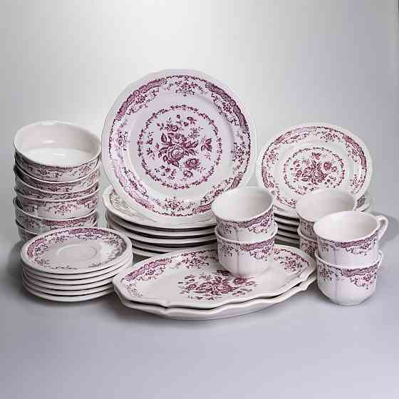 Столовий набір посуду тарілок і чашок 32 предмети на 6 персон «Бордовий Меандр» порцеляновий YY78-3A Коломыя