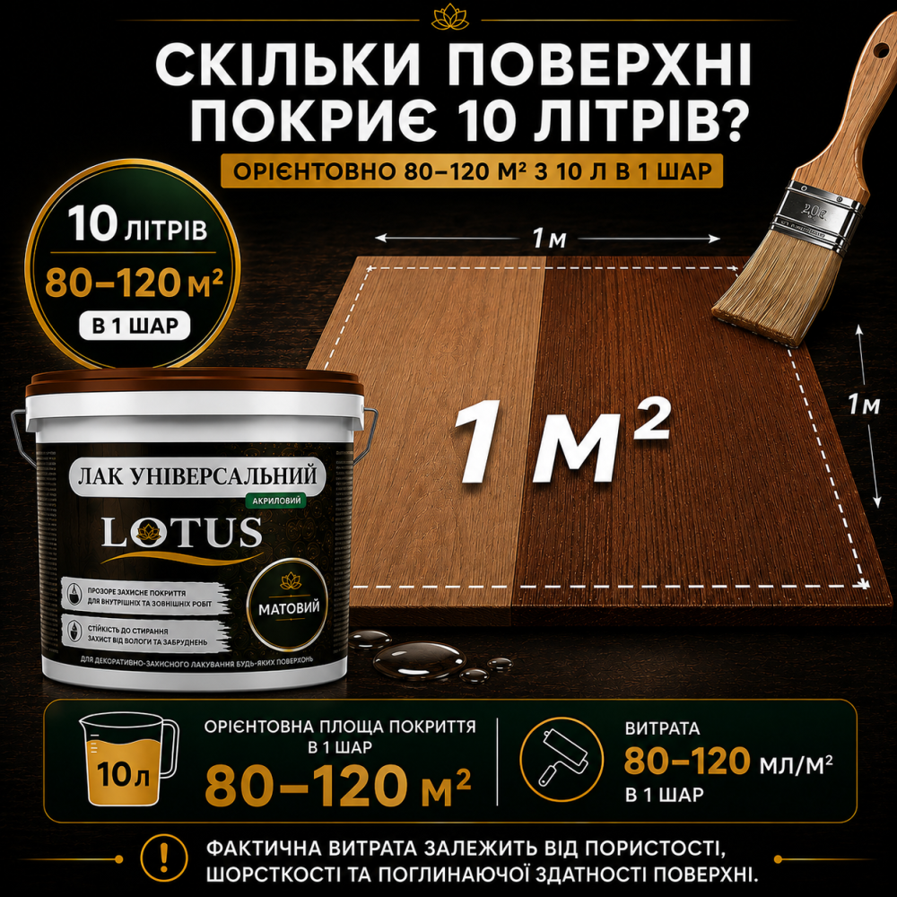 Лак універсальний акриловий LOTUS прозорий матовий без запаху зносостійкий для дерева, каменю, бетону та інших поверхонь 10 л Харків - фото 8