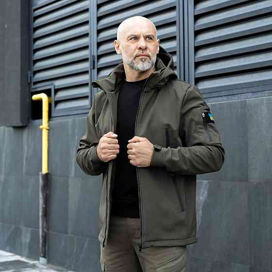 Чоловіча тактична військова куртка софтшел зсу, армійська вітрівка з капюшоном і шевроном хакі M Одеса