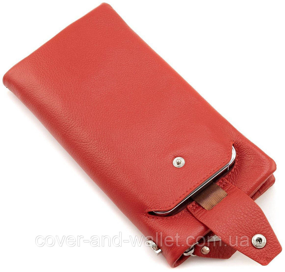Шкіряний жіночий гаманець з кишенею для телефону червоного кольору ST 669 Київ - фото 1