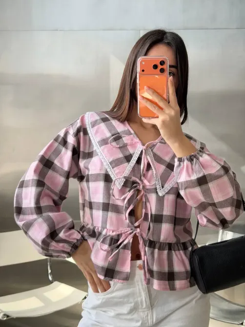 Стильна жіноча картата сорочка з мереживом Одеса - фото 16