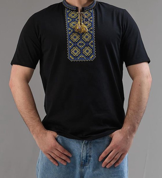 Мужская футболка вышиванка черного желто-голубой вышивкой на короткий рукав M Киев - изображение 1