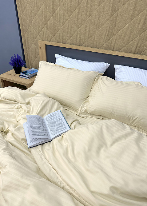 Комплект постільної білизни Страйп-сатин Двоспальний 180х220 з простирадлом на резинці Молочний (88-169) Київ - фото 8