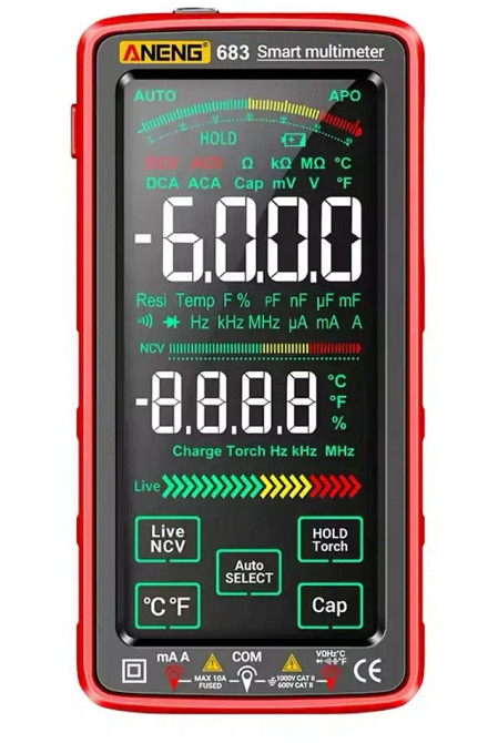 Мультиметр тестер Aneng 683 сенсорный с встроенным аккумулятором AC/DC 10A/1000V с NCV и True RMS (Красный) Винница - изображение 1