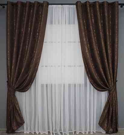 Комплект штор на люверсах VR-Textil Льон мармур Pavliani № 1173ш 150х250 см 2 шт Коричневий (37-0038) Київ