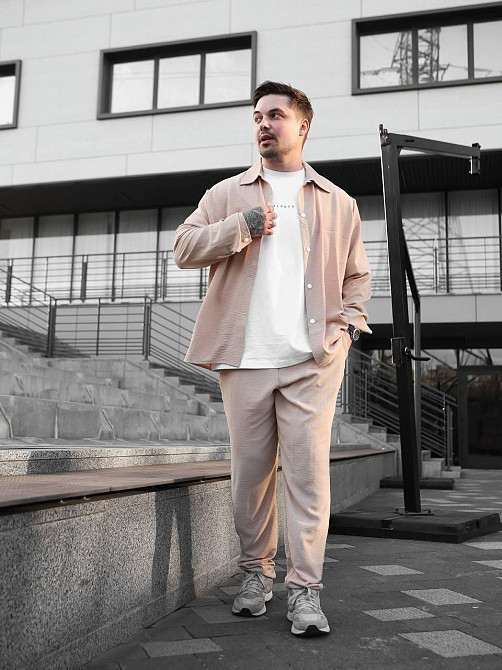 Чоловічий літній костюм Casual сорочка і штани Оверсайз жатка весна літо SANE бежевий Одеса - фото 4